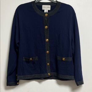 Navy Blue Grey 100% Wool Cardigan Sweater Gold Creat Buttons Medium